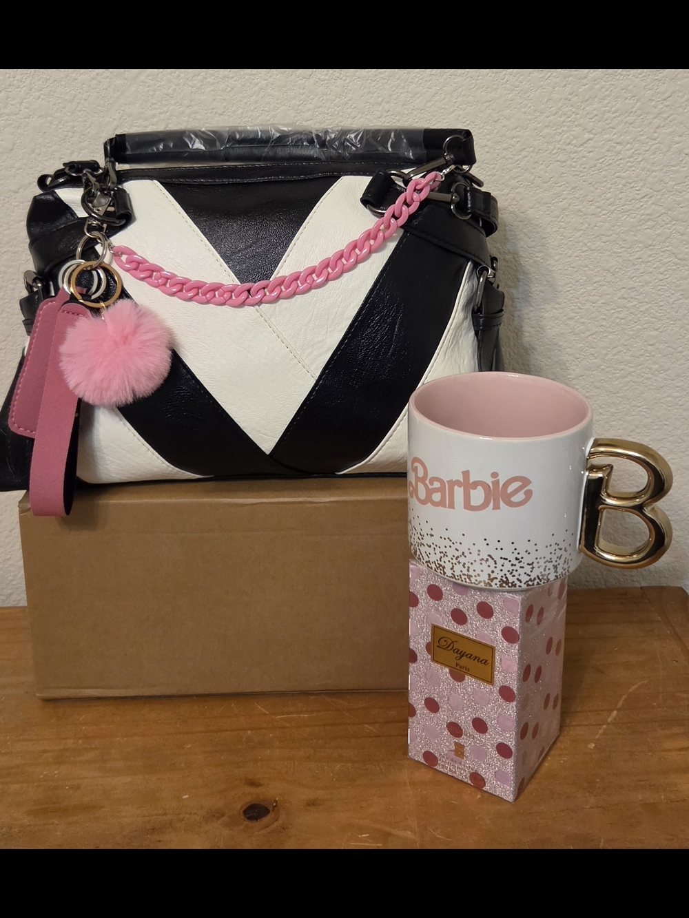 Vintage Barbie Black & White Chevron Handbag with Pink Accents Bundle